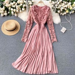 SINGREINY Women French Pleated Dress Sweet Patchwork Hollow Lace Long Sleeve A-line Dress Spring Chic Streetwear Midi Dresses 210419