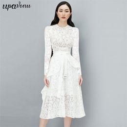 Free Women's White Lace Dress Sexy O-neck Long Sleeve A-line Ruffle Celebrity Club Party Midi Vestidos 210524