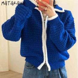 MATAKAWA Korean Fashion Contrast Color Cardigan Women Zipper Loose Thick Stitch Women's Sweaters Short Lapel Sweater Coat Tops 210918