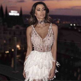 Summer Luxury Fashion Women Sequin Feather Dress Sexy V-Neck Sleeveless Leotard Mini Party Vestidos 210525
