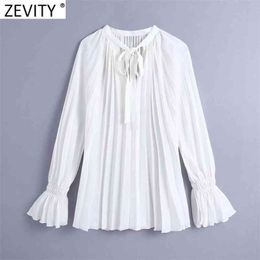 Women Fashion V Neck Lace Up Casual Pleated Smock Blouse Office Ladies Flare Sleeve Shirts Chic White Chemise Tops LS7352 210420