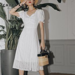 Puff Sleeve Striped White Summer Dress Women A Line Tunic Square Neck Short Ladies With Slit 210427