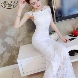 Women Summer Sexy Backless White Lace Dresses Mermaid Spaghetti Strap Maxi for Vestidos 9401 210506