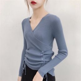 Sweater Women's Base Shirt Women Spring And Autumn Korean Version Of The Tie Waist V-neck 210427