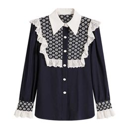 PERHAPS U Women Long Sleeve Shirt Blouse Navy White Lace Embroidery Mori Girl Sweet Japan Style Turn Down Collar B0702 210529