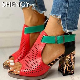 2020 Women Office Shoes Square Heels Sandals Woman Summer Party Hollow Out Fashion Platform Ankle Strap Y0721