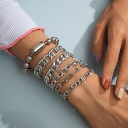 Link, Chain Punk Hip Hop Link Bracelets For Women Men Silver Color Metal Light Weight Multi Layer Curb Cuban Couple Jewelry