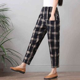 Spring Summer Fashion Women Harem Pants Elastic Waist Loose Casual Plaid Cotton Ankle-length Ladies Trousers D60 211124