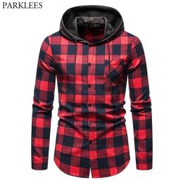 Classic Red Black Plaid Hoodie Shirt Men Fashion Patchwork Mens Checked Shirts Casual Patchwork Hooded Shirt Jacket Chemise 210522