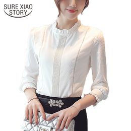 Spring Korean women tops chiffon long sleeved blouses OL style stand clothing elegant solid female shirts D272 30 210506