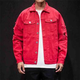 Autumn Hole Denim Jacket Men Ripped Cowboy jeans Bomber Jackets Coat Male Slim Fit Solid Casual Coats Cotton Red Plus Size 5XL 210811