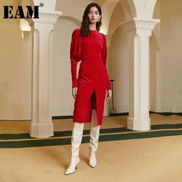 [EAM] Women Red Vent Spliced Elegant Dress Round Neck Lantern Sleeve Loose Fit Fashion Spring Autumn 1DD0285 21512