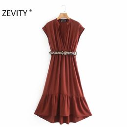 Women elegant v neck solid sashes midi shirt Dress Office Lady short sleeve hem pleat ruffles Vestido Chic Dresses DS4371 210420