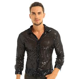 Mens Fashionable Dance Shirt Shiny Sequins See Through Mesh Long Sleeve Clubwear Stage Performance Top Male Costumes Men's Casual Shirts