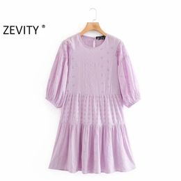 women elegant o neck hollow out embroidery patchwork pleat dress chic female lantern sleeve vestidos party dresses DS4160 210420