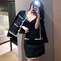 Autumn Women's Two-Piece Sets Elegant Fashion Tweed Single Breasted Jacket Coat + High Waist Mini Skirt Suit Ladies 210519