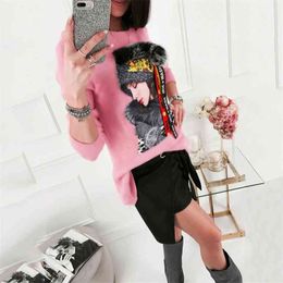 3D Stereo Print Pink Black White Women Hoodies Casual Patchwork O Neck Long Sleeve Sweatshirt Tops Autumn Winter Clothes 210507