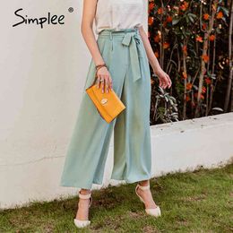 Casual high waist belt pleated trousers Stylish loose womnan autumn winter Ladies sash green wide leg pants 210414