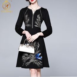 Spring High-End Designer Runway Elegant Party Dress Women Long Sleeve Embroidered Vintage Black Vestidos 210520