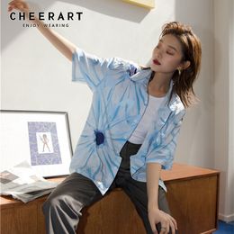 Daisy Blue Short Sleeve Blouse Summer Top Oversized Button Up Loose Shirt Casual Tops For Women Fashion Clothing 210427