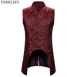 Wine Red Paisley Jacquard Long Vest Men Double Breasted Lapel Brocade Waistcoat Mens Gothic Steampunk Sleeveless Tailcoat 210923