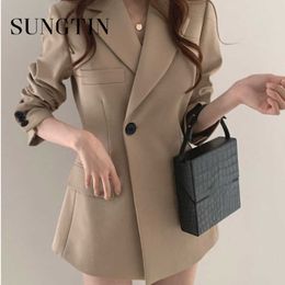 Sungtin Black Vintage Office Lady Korean Blazer Women Slim Casual Blazer Suit Single Button Elegant Khaki Coat Female Chic 2021 X0721