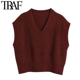 TRAF Women Fashion With Ribbed Trims Loose Knitted Vest Sweater Vintage V Neck Sleeveless Female Waistcoat Chic Tops 210415