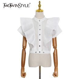 Slim Patchwork Ruffle Shirt For Women Stand Collar Short Sleeve Casual White Blouse Female Fashion Clothing 210524