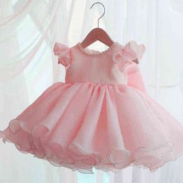 2021 Pink Chlid Dress Beading First Birthday Dress For Baby Girl Ceremony Ball Gown Bow Princess Dress Party Dresses Vestidos G1129