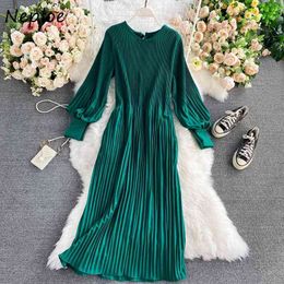 Neploe High Waist Hip A Line Dress Women O Neck Pullover Long Sleeve Multicolor Vestidos Draped Design Spring Robe 210510