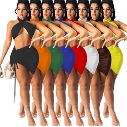 Women Bib Bandage Two Piece Dress Fashion Trend Solid Colour Sleeveless Vest Tops Skirts 2 Pcs Sets Designer Summer Female Casual OL Suits