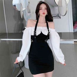 Spring Autumn Women's Dress Korean Sexy One-shoulder Fake Two-piece Long-sleeved Slim Female es GX578 210507