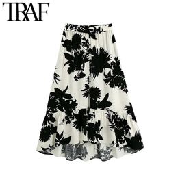 TRAF Women Chic Fashion With Belt Printed Asymmetric Midi Skirt VIntage Ruffled Hem Front Vents Female Skirts Mujer 210415