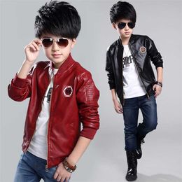 Top Quality Spring Leather Boys Jacket And Coat Waterproof Fashion Pattern O-Neck Black Kids Blazers Jackets Free 211011