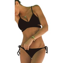 Women's Swimwear F62E Bikini Set Solid Color Polyester Multi-Size Split 2 Pcs With Chest Pad Without Steel Support Women