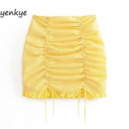 Summer Skirts Womens Yellow Plaid Drawstring Draped High Waist Mini Skirt Sexy LDZZ6105 210514