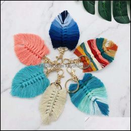 Keychains Fashion Accessories Leaf Weaving Rainbow For Women Boho Handmade Key Holder Keyring Rame Bag Charm Car Hanging Jewellery Drop Delive