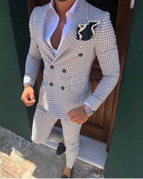 Men's Suit Brown Formal 2 Pieces Slim Fit Double breasted Plaid Soft Wool Tweed Prom Tuxedos Wedding Groomsmen (Blazer+Pants) X0608