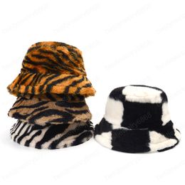 Autumn Winter Black White Plaid Zebra Bucket Hats for Women Girl Outdoor Vacation Fisherman Hat Lady Fashion Warm Velvet Panama