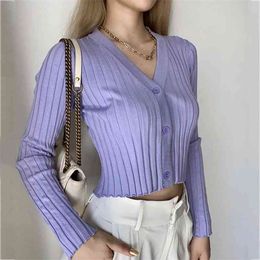 Foridol knitted cropped cardigan vintage purple v neck ribbed sweater cardigans long sleeve autumn winter tops 210415