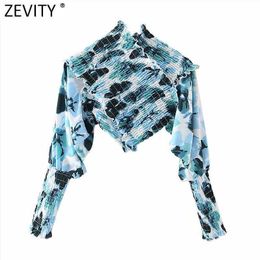 Zevity Women Sexy Off Shoulder Digital Print Slim Short Blouse Female Cross Elastic Ruffles Shirt Chic Blusas Tops LS7616 210603