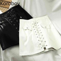 Korobov Korean Streetwear High Waist Slim Mini Skirts Vintage Lacing Bow PU Faldas Mujer New Chic Harajuku Skirt 210430