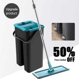 Floor Mop With Bucket Hand Free Squeeze Mop 360 Rotating Wet Or Dry Flat Lazy Mop With Replace Pads Home Cleaning Tool 211215