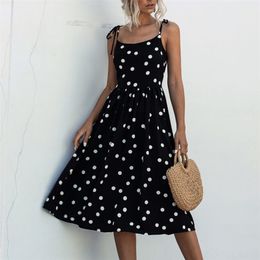 Casual Polka Dot Women Dress Summer Loose White Black Beach Vintage Button Midi Boho Vestidos 210427