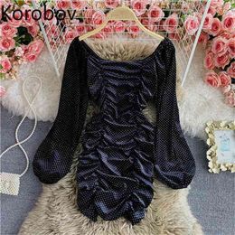 Korobov New Arrival Office Lady Women Dress Vintage Dot Velvet Puff Sleeve Female Dresses Slim Sexy Party Night Vestidos 210430