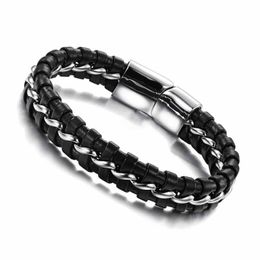 For Women Men Gifts Handmade Design Stainless Steel With Genuine Leather Bracelet Chain 7.87