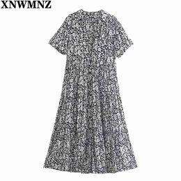 women Fashion Black White printed midi dress Female v-neck short sleeve button flared hem summer dresses robe 210520