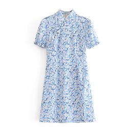 Sweet Women Blue Floral Pearl button Dress Summer Fashion Ladies Elegant Vintage Female cheongsam Mini 210515