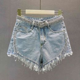 Luxury Style Summer Women's Diamond Tassel Denim Shorts Jeans Fashion Girls Ladies All-match Trousers A3745 210428