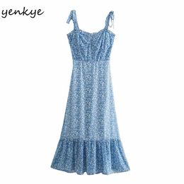 Blue Floral Print Chiffon Dress Women Sexy Sleeveless A-line Summer Long Female Prairie Chic Robe 210514